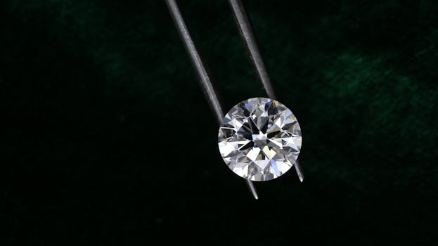 A sparkling round diamond is delicately held by tweezers against a dark textured background.